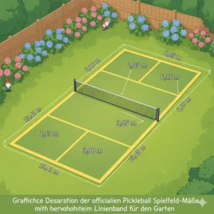 Grafische Darstellung der offiziellen Pickleball Linienband Garten Spielfeld-Maße mit hervorgehobenem Band.