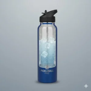 Die Pickleball Wasserflasche isoliert mit Eis gefüllt, um die Kalthalteleistung zu zeigen.