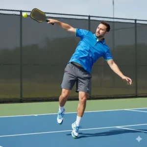 Pickleball Spieler in voller Bewegung auf dem Court, das Pickleball Kleidung Set Herren bietet maximale Bewegungsfreiheit.