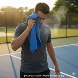 Ein Pickleballspieler wischt sich den Schweiß mit dem pickleball handtuch schnell trocknend ab.