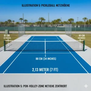 Die pickleball court dimensions deutsch der Netzhöhe: 91 cm an den Seiten und 86 cm in der Mitte.