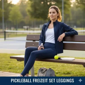 Bequemes Pickleball Kleidung Set Damen für die Freizeit: Leggings und leichte Jacke nach dem Match.