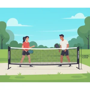 Seitenansicht des pickleball netz set komplett, das exakt die offiziellen Turniermaße und -höhe aufweist.
