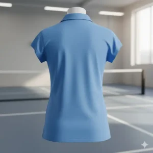 Rückansicht des taillierten Pickleball Polo Shirt Damen, das optimale Bewegungsfreiheit bietet.