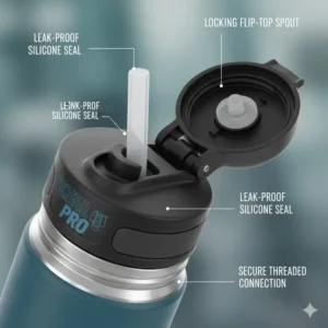 Detailliertes Bild des auslaufsicheren Verschlusses der Pickleball Wasserflasche isoliert.