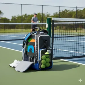 Die pickleball schläger tasche gepolstert steht am Rand des blauen Pickleballfeldes während des Spiels.