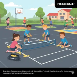 Darstellung von Kindern, die mit dem mobilen Pickleball Platz Markierung Set ein temporäres Feld auf dem Schulhof abstecken.