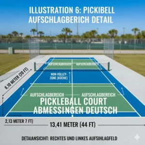 Detailansicht der pickleball court dimensions deutsch der vier Aufschlagfelder und der Mittellinie.