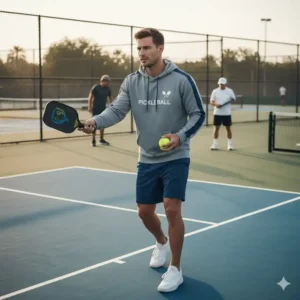 Pickleball-Spieler beim Aufwärmen mit dem sportlichen pickleball hoodie herren kaufen.
