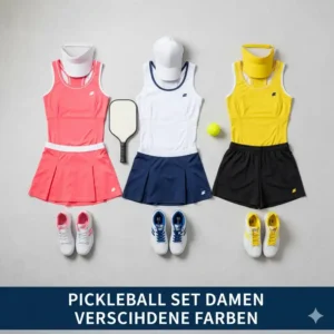 Auswahl von drei verschiedenen Pickleball Kleidung Set Damen in modernen Farben und Schnitten.