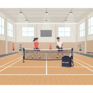 Das pickleball netz set komplett aufgebaut in einer Sporthalle, ideal für das Training und Spiele drinnen.