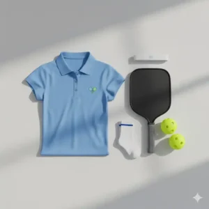Pickleball Polo Shirt Damen flachliegend mit Paddle und Bällen.