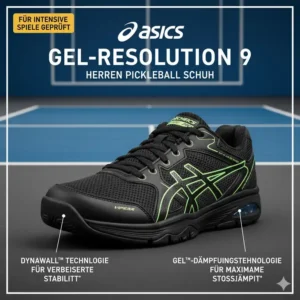 Der ASICS Gel-Resolution 9 im pickleball schuhe herren test, bewertet für hervorragenden Support und Langlebigkeit.