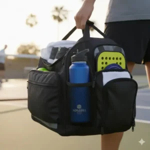 Die Pickleball Wasserflasche isoliert wird zum einfachen Transport in einer Pickleballtasche verstaut.