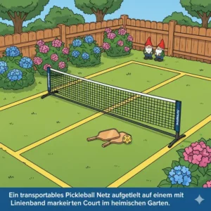 Ein transportables Pickleball Linienband Garten Netz aufgestellt auf einem markierten Court im heimischen Bereich.