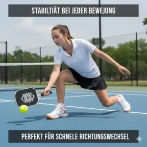 Weibliche Pickleball-Spielerin in schneller Bewegung, demonstriert die Stabilität der pickleball schuhe damen leicht.