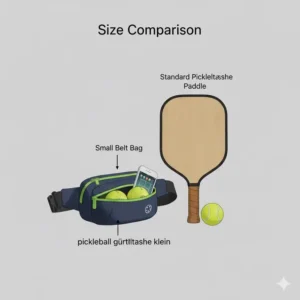 Größenvergleich der pickleball gürteltasche klein neben einem Pickleball-Schläger.