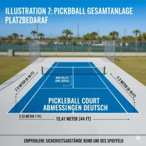 Planung: Benötigte Gesamtfläche inklusive der empfohlenen pickleball court dimensions deutsch Sicherheitsabstände (Run-off-Area).