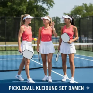 Zwei Spielerinnen im abgestimmten Pickleball Kleidung Set Damen für das Doppel-Match.