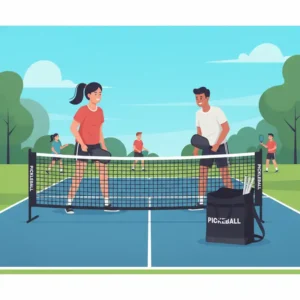 Das pickleball netz set komplett in Aktion auf einem sonnigen Outdoor-Platz mit spielenden Personen.