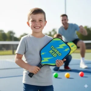 Ein junger Spieler hält einen pickleball schläger kinder leicht auf dem Tennis- oder Pickleball-Platz.