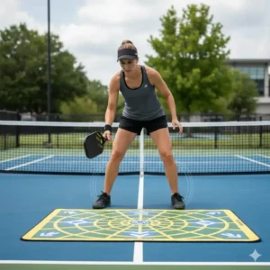 Nahaufnahme eines Spielers, der laterale Bewegung mit dem pickleball fußarbeit trainer übt.