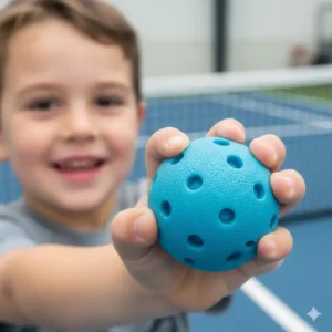 Ein Kind demonstriert den einfachen Grip eines Pickleball Balls, der besonders weich ist.