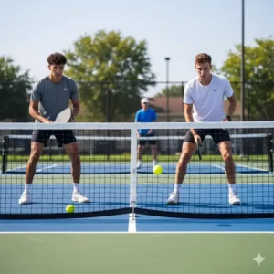 Anfänger führen einen Pickleball Dink Drill an der Non-Volley-Zone (Kitchen) aus, um Gefühl zu entwickeln.