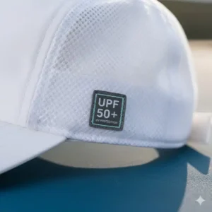 Nahaufnahme des Etiketts, das Pickleball Cap Damen Sonnenschutz (UPF 50+ UV-Schutz) bestätigt.