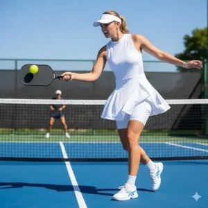 Pickleball Kleidung Turnier Damen Kleid: Weißes, atmungsaktives Performance-Kleid mit UV-Schutz.