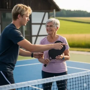 Zertifizierter Pickleball-Lehrer gibt einer Seniorin in einem Kurse in Deutschland Anweisungen zur richtigen Schlägerhaltung.