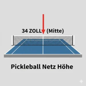 Diagramm zur korrekten Höhe des pickleball netz turnier standard (34 Zoll) in der Mitte des Feldes.