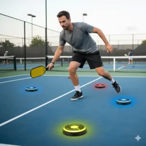 Ein Spieler nutzt den pickleball reaktions trainer für ein intensives On-Court-Training zur Steigerung der Geschwindigkeit.