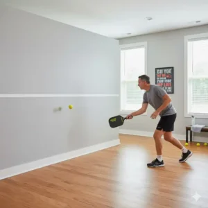Spieler führt Vorhand- und Rückhandschläge an der pickleball trainingswand indoor aus.