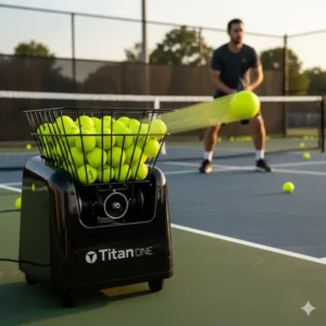 Die Titan ONE pickleball ballmaschine test beim Abschuss eines Balls mit hoher Geschwindigkeit.