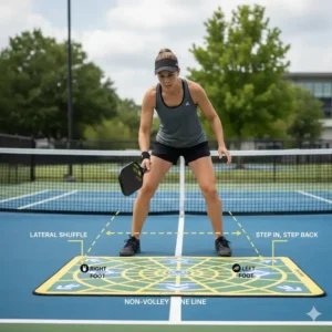 Ein Diagramm der korrekten Fußpositionierung für einen Non-Volley-Zone (Kitchen)-Drill mit dem pickleball fußarbeit trainer.