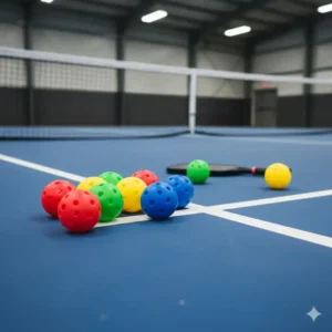 Pickleball Bälle für Kinder, die weich sind, liegen auf einem Indoor-Feld für geräuscharmes Spielen.