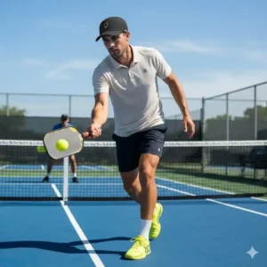 Mann beim Pickleball-Spiel trägt Pickleball Cap Herren atmungsaktiv und schützt vor Sonne und Schweiß.