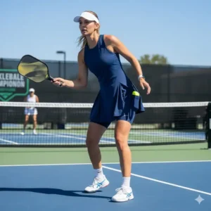 Pickleball Kleidung Turnier Damen Rock: Marineblauer Skort mit integrierten Shorts und praktischen Balltaschen.