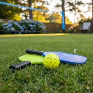 Nahaufnahme von pickleball Schlägern und Bällen, bereit für outdoor spiele garten. Sie liegen auf dem grünen Rasen des gartens.