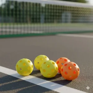 Vier gelbe und orangefarbene Bälle, die zum Pickleball Set Kinder günstig gehören