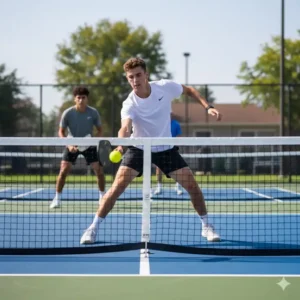 Ein Spieler übt den schnellen Volley-Drill am Netz, um Reaktionszeit und Hand-Augen-Koordination zu verbessern.