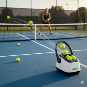 Eine pickleball ballmaschine test auf dem Platz, die Dinks oder Drops über das Netz abfeuert.
