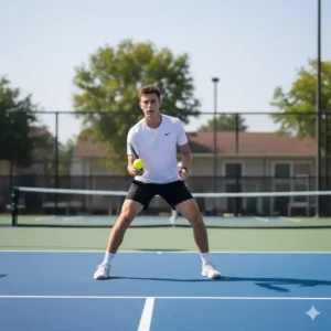 Pickleball-Anfänger trainieren den korrekten Aufschlag (Serve Drill) von der Grundlinie mit Unterarm-Bewegung.