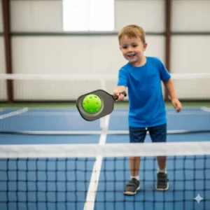 Ein Kind schlägt einen Pickleball Ball, der weich ist, über das Netz.