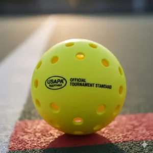 Das USAPA-Zertifikat auf dem Ball, das die Einhaltung der Vorschriften für pickleball bälle turnier standard bestätigt.