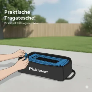 Pickleball Trainingsnetz Mini und zusammengeklapptes Gestell in der praktischen Tragetasche