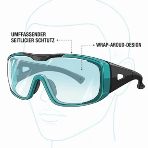 Seitenansicht einer Pickleball Brille im Wrap-Around-Design, das umfassenden seitlichen Schutz bietet.