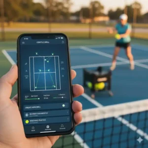 Nahaufnahme eines Smartphones mit einer App zur Steuerung der pickleball ballmaschine test Funktionen.
