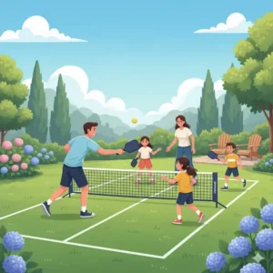 Eine Familie spielt fröhlich pickleball outdoor spiele garten, was den zugänglichen und lustigen Charakter der spiele im garten hervorhebt.
